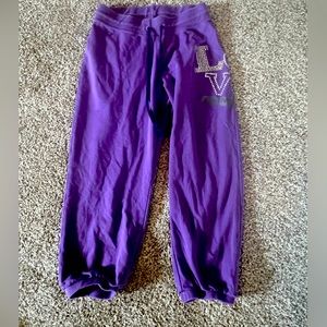 “Love to Dance” purple sweat capris, size small (4-6), 28” inseam